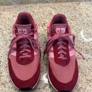 Adidas Pink and Red Sneakers with Suede Finish